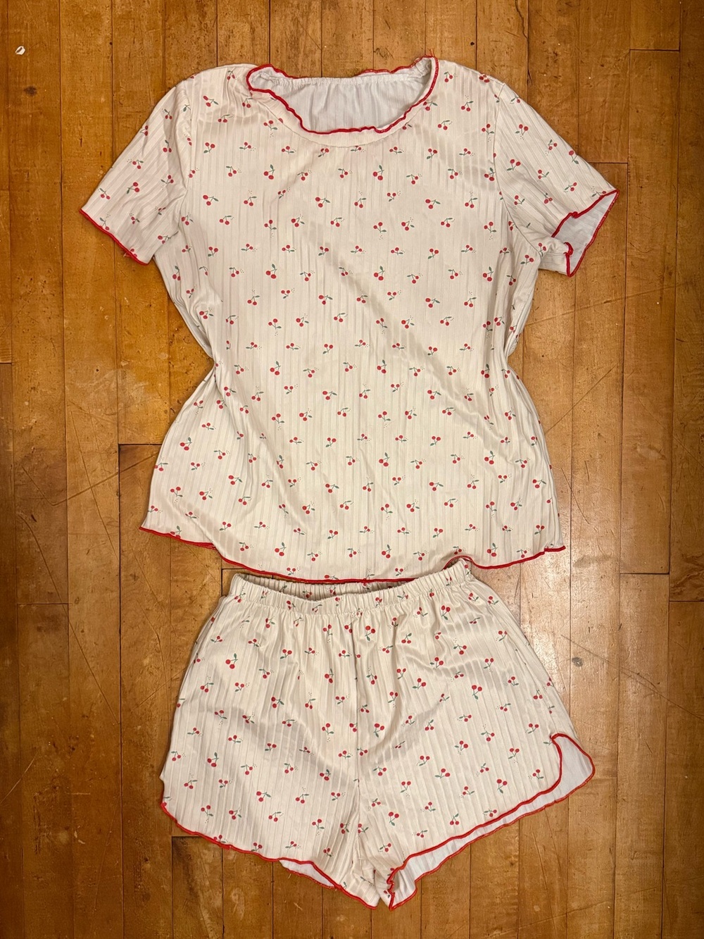 Women's Cream Cherry-Print Short Pajama Set with Red Trim
